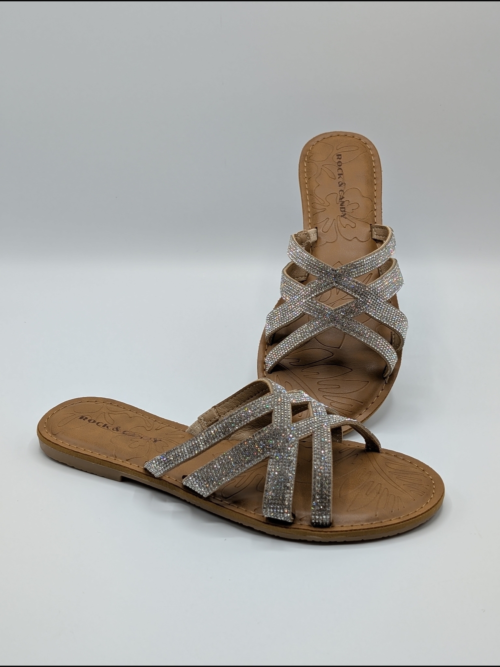 Rock & Candy Silver Shimmering Crystals Women's 8.5 Slide Sandals Gryssel Flats